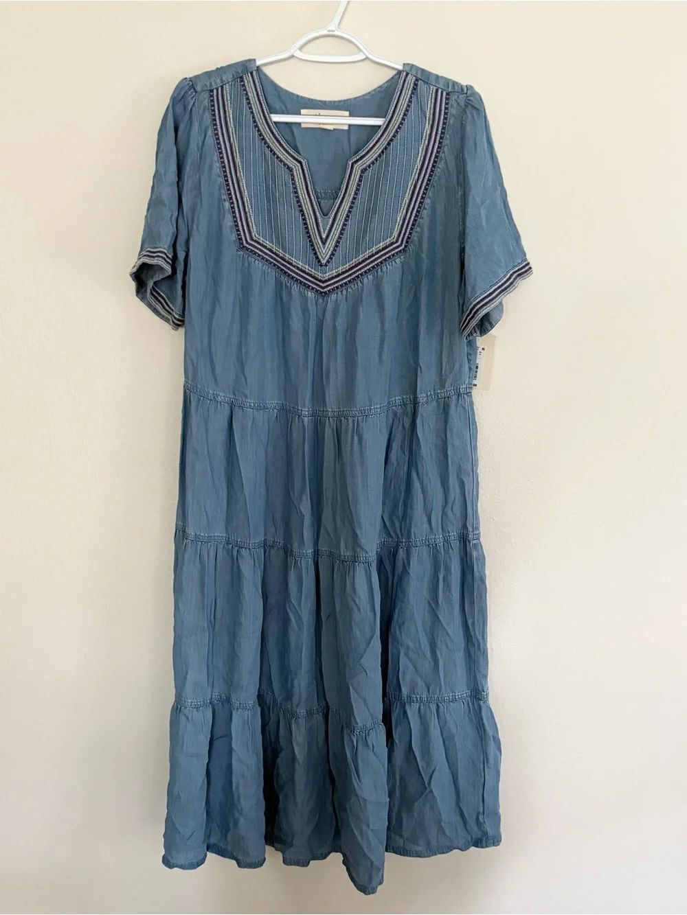 NWT Nurture By Westbound Blue Chambray Tiered Midi Dress Size L Boho Cowgirl